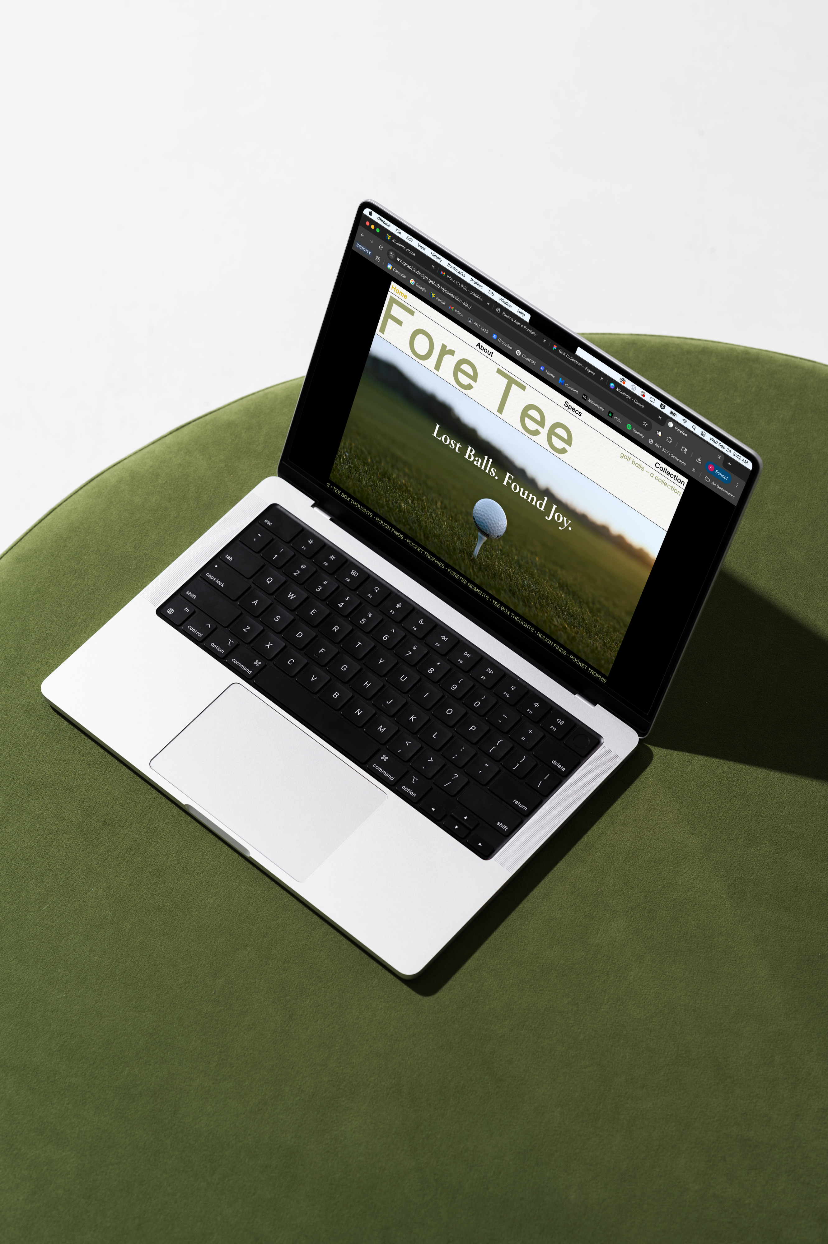 golf ball website on computer on green organic shape